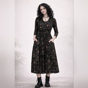Midnight Hour Black Mushroom Garden Long Sleeve Stretchy Dress With Pockets